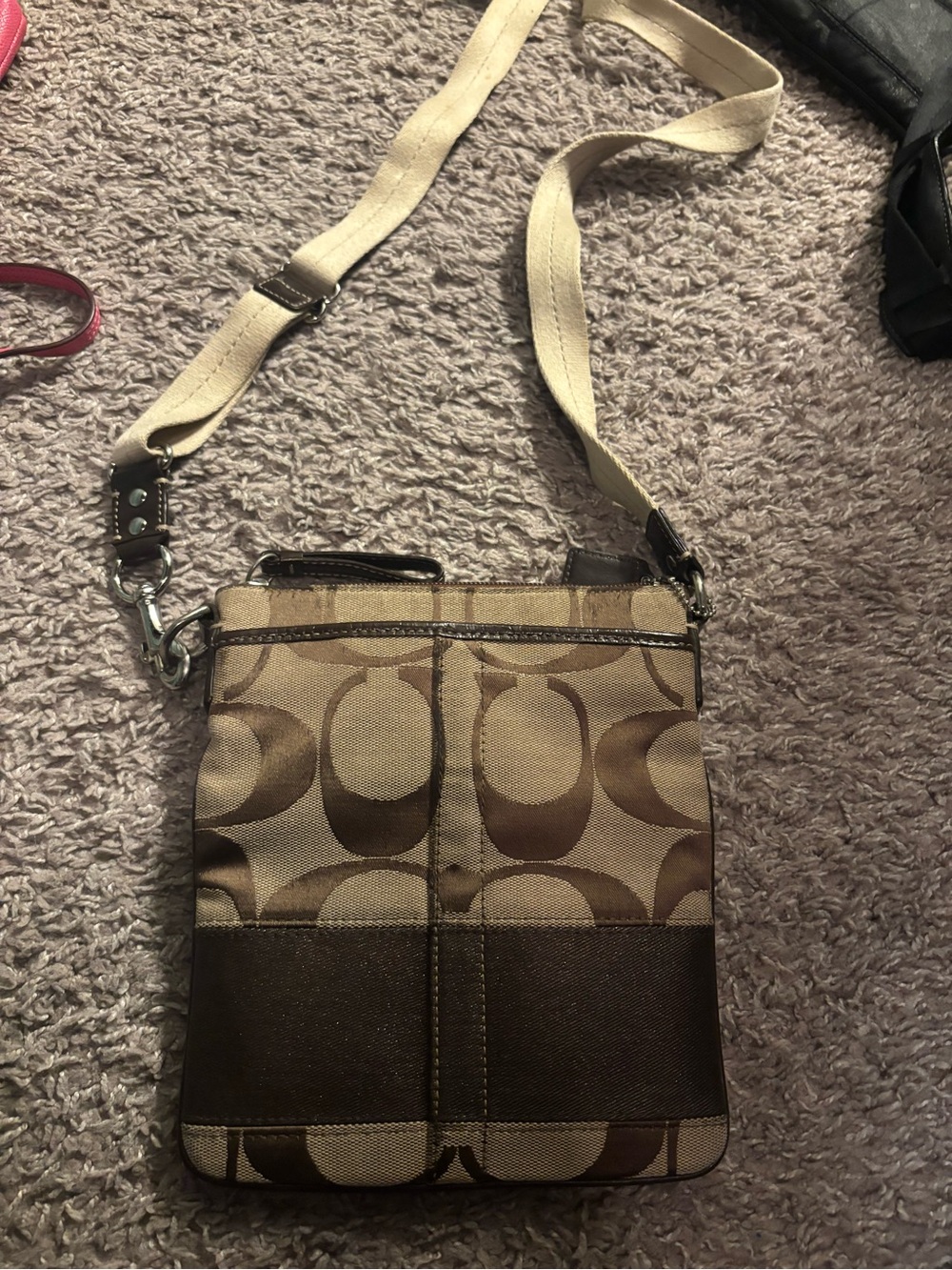 Coach Brown Signature Canvas Crossbody with Tan Strap